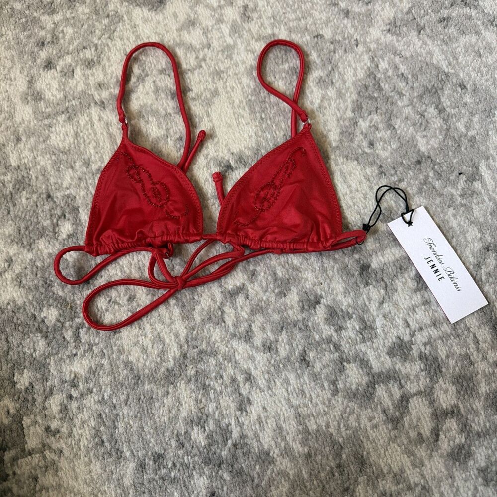 Frankies Bikinis X Jennie Elena Beaded Satin Bikini Top Red XS